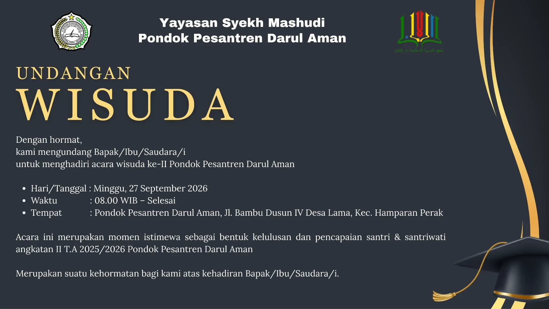 Undangan Wisuda Angkatan ke-II Pondok Pesantren Darul Aman